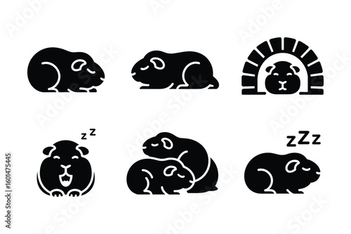 Black silhouette guinea pigs in various poses and activities rodent animal