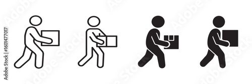Shipping and logistics icon of delivery person carrying box for e commerce websites and instructional use in outline and silhouette