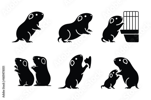Black silhouettes of groundhogs in various poses and interactions marmot rodent