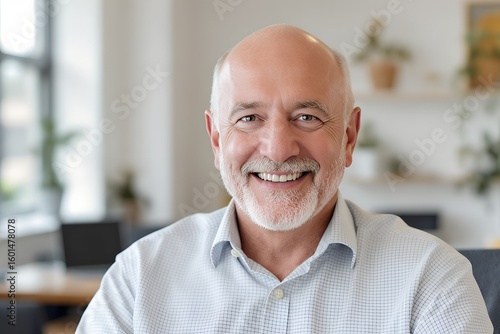 Joyful Mature Man with Gray Beard and Bald Head, Friendly and Trustworthy Business Professional Portrait
