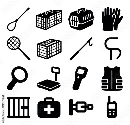 Animal care silhouette icon set: cage, carrier, gloves, leash, scale, first aid, radio