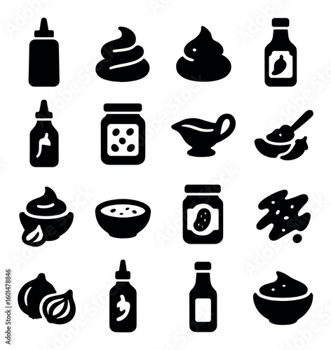 Sauce silhouette icon set. containing bottle, spice, jar, gravy boat, onion, and more.
