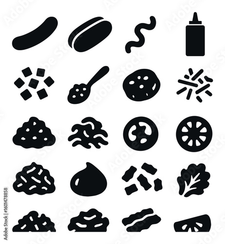 Food silhouette icon set. containing sausage, hotdog, noodles, sauce, spices, herbs, tomato, peas, lettuce, and more.