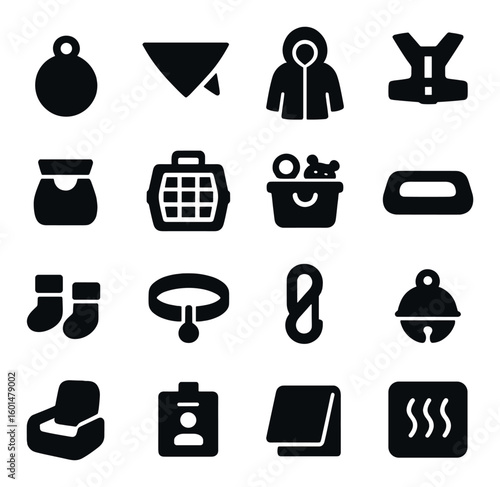 Pet care silhouette icon set. includes toys, leash, carrier, bed, grooming, food, litter box, and more.