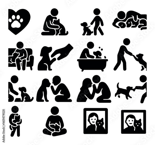 Pet care silhouette icon set. featuring dog, cat, grooming, bathing, training, walking, feeding, playing, hugging, sleeping.