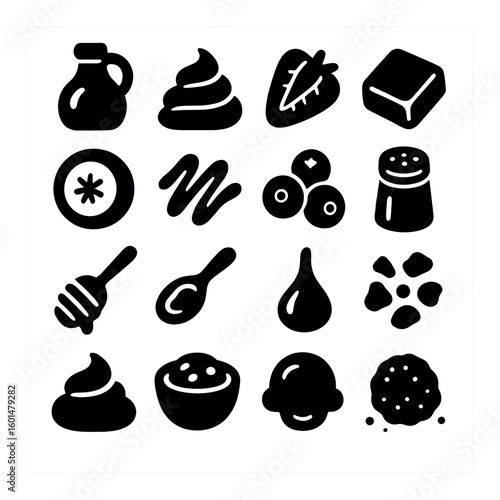 Food silhouette icon set: syrup, cream, leaf, chocolate, kiwi, jam, berries, salt, honey