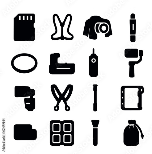 Photography silhouette icon set. including camera, lens, tripod, flash, sd card, drone, gimbal and more.