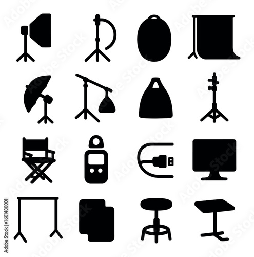 Photography silhouette icon set. containing studio light, tripod, reflector, backdrop, director chair, monitor, more.