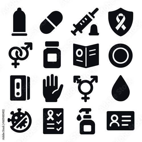 Health and safety silhouette icon set. containing condom, pill, syringe, shield, gender, vaccine, and more.