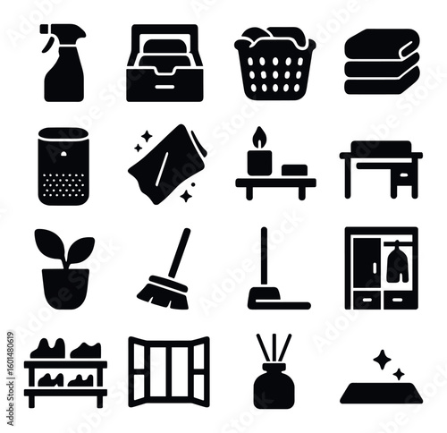 Household silhouette icon set. containing spray bottle, laundry basket, towel, candle, desk, plant, mop, and more.