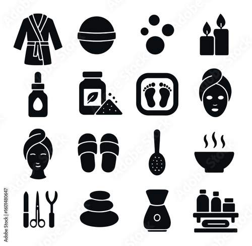 Spa & wellness silhouette icon set. featuring robe, candles, massage, skincare, aromatherapy, relaxation, bath, grooming.