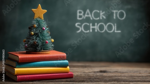 Festive back to school Christmas tree atop colorful books against chalkboard, celebrating the holiday season on transparent background
