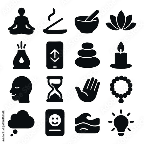 Wellness silhouette icon set. containing meditation, incense, massage, lotus, aromatherapy, candle, therapy, and more.