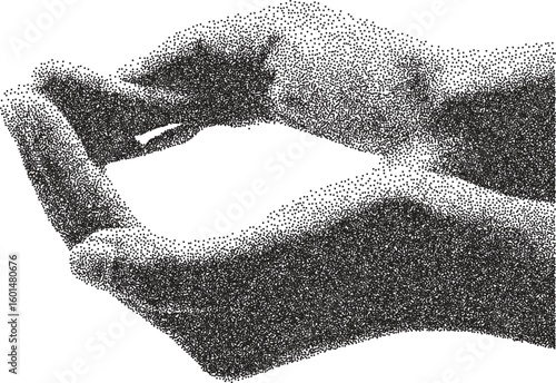 Hand vintage y2k stipple art, gesture halftone stipple brutalist retro vector png with transparent background, sign 2000s aesthetic photocopy effect tattoo