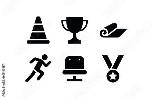 solid icon isolated sport training cone sport trophy sport gym mat sport athlete sport stadium seat sport medal ribbon