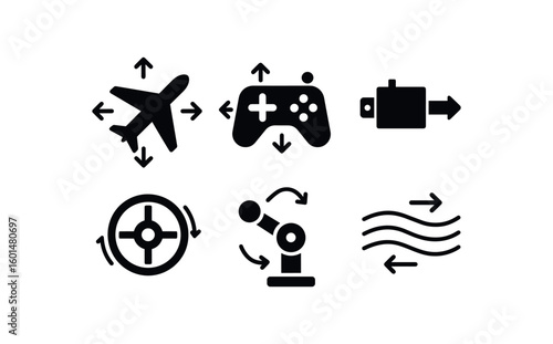 solid icon isolated movement phase plane movement joystick controller movement actuator module movement inertia wheel movement pivot joint movement fluid flow