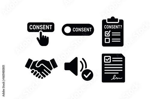 solid icon isolated consent button click consent opt in switch consent survey question consent handshake icon consent o approval consent release form