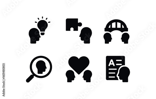 solid icon isolated understanding bulb moment understanding puzzle piece understanding bridge diagram understanding magnifying glass understanding empathy heart understanding glossary list