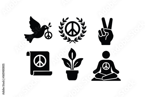 solid icon isolated peace dove symbol peace olive branch wreath peace sign gesture peace treaty scroll peace lily plant peace meditation mat