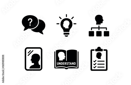 solid icon isolated understanding conversation bubbles understanding insight bulb understanding flowchart map understanding reflection mirror understanding handbook guide understanding