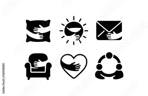 solid icon isolated hugs pillow corner hugs warmth glow hugs envelope icon hugs comfort cushion hugs heart out hugs group circle