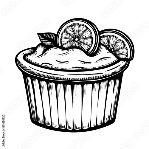 Drawing of lemon soufflé, delicious dessert with citrus slices and mint garnish. Lemon soufflé illustration perfect for menu designs, cooking blogs, or dessert recipes.