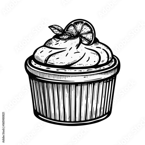 Hand drawn lemon souffle with a slice of lemon and mint leaves, presented as an elegant dessert.