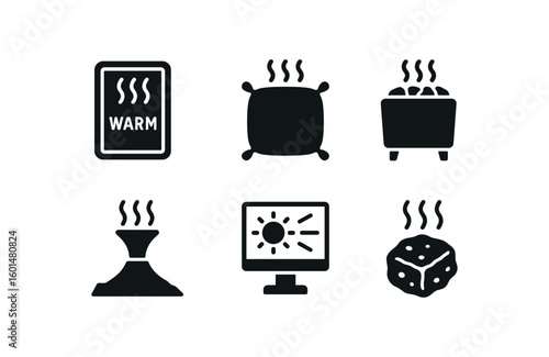 solid icon isolated warmth hand warmer packet warmth heated cushion warmth sauna stove warmth geothermal vent warmth sunbeam analyzer warmth emberstone block