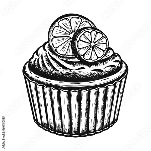 Delicious lemon souffle drawing with citrus fruit slice on top. Sweet lemon souffle served in paper cup is perfect dessert. Concept lemon souffle for cafe menu, restaurant ad, or food blog.