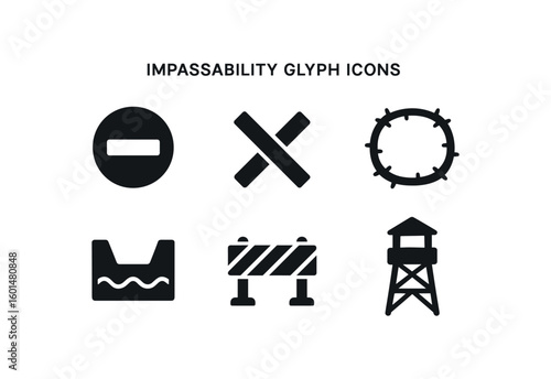 solid icon isolated impassability entry sign impassability trench obstacle impassability barbed wire roll impassability moat barrier impassability road closure gate impassability sentinel
