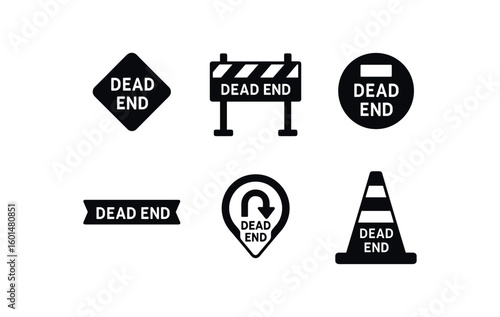 solid icon isolated dead end cul de sac sign dead end barrier bollard dead end warning reflector dead end closure tape dead end turn around marker dead end roadblock cone