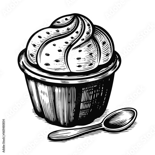 Lemon soufflé in a cup with spoon depicted in simple black and white engraving. Traditional lemon soufflé is sweet dessert made with egg whites and citrus, which is light and airy.