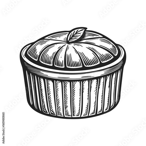 Elegant lemon soufflé served in ramekin with decorative leaf garnish. This delightful lemon soufflé is presented in vintage style, evoking memories of classic desserts.