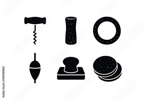 solid icon isolated cork plug etractor cork grip handle cork gasket seal cork fishing bobber cork stamp pad cork coaster