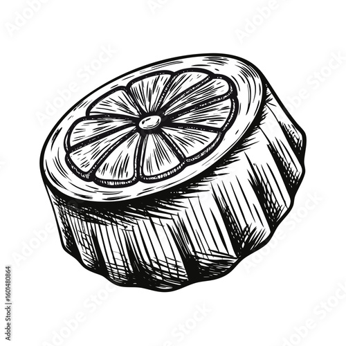 Lemon souffle in sketch style with elegant artistic touch, delicate dessert on white backdrop. Lemon souffle, hand drawn vector illustration, is sweet delight and refreshing treat.