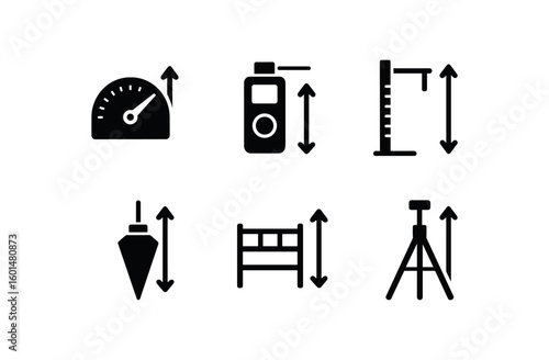 solid icon isolated height clinometer protractor height rangefinder laser height stadiometer step ladder height plumb bob height scaffolding plank height tripod etension