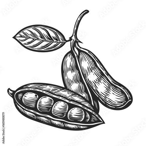 Lentil dal sketch illustration featuring lentils. Delicious lentil dal culinary concept presents ingredient composition with open pods showing lentils. Concept lentil dal for cooking blogs,