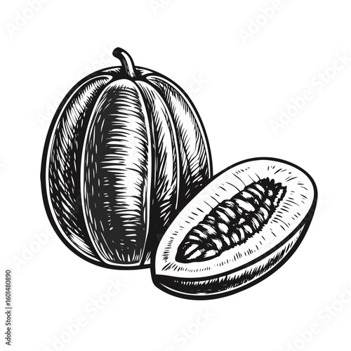 Lentil dal displayed with sliced cucamelon in black and white etching. Traditional lentil dal presented with its fresh ingredients, highlighting vegan cooking and healthy food,