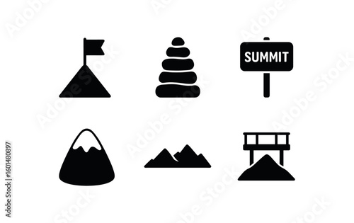 solid icon isolated summit flag pole summit cairn pile summit trailhead sign summit frost cap summit ridge summit viewpoint deck