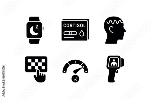 solid icon isolated fatigue sleep quality tracker band fatigue cortisol assay kit fatigue EEG brainwave monitor fatigue reaction time tester fatigue alertness score meter fatigue thermal