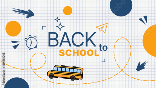 Back to school banner with a pixel school bus on a graph paper background. Education concept for kids.