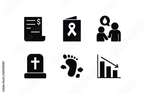solid icon isolated loss ledger entry loss bereavement card loss grief counseling kit loss memorial plaque loss residue trace loss statistics chart