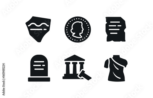 solid icon isolated antiquity pottery shard antiquity bronze coin antiquity scroll fragment antiquity tomb inscription antiquity temple ins antiquity statuary fragment