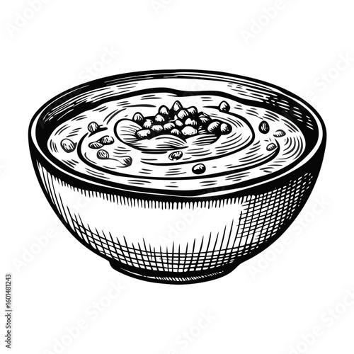 Lentil soup illustration presented in vintage etching style, showcasing tasty legumes in bowl. Lentil soup is visually appealing, crafted to enhance culinary projects.