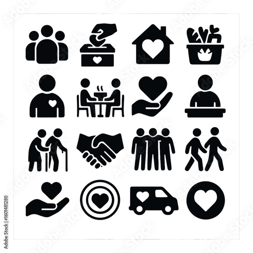 Charity silhouette icon set: group, donation, home, meal, volunteer, handshake, care, heart, community, transport
