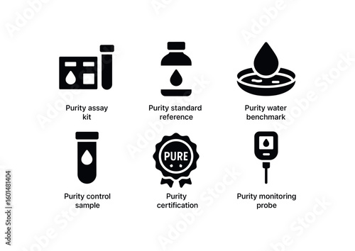 solid icon isolated purity assay kit purity standard reference purity water benchmark purity control sample purity certification seal purity monitoring probe