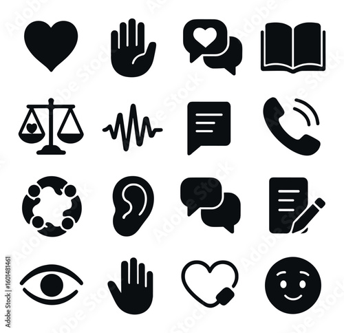 Communication silhouette icon set. including heart, hand, chat, book, scales, wave, phone, ear, eye, smile.