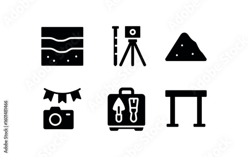 solid icon isolated ecavation stratigraphy profile ecavation survey station ecavation spoil heap ecavation photogrammetry rig ecavation tool kit ecavation shoring beam