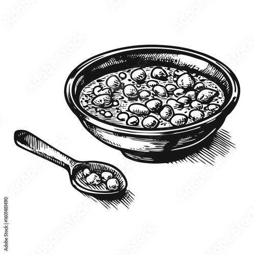 Hand-drawn lentil stew in bowl with spoon on white backdrop. Lentil stew is a hearty and comforting meal, a nourishing dish rich in fiber and protein.