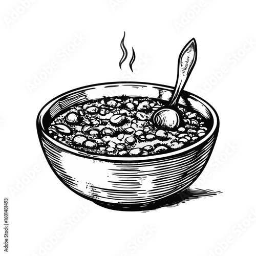 Bowl of lentil stew served hot with spoon resting inside, classic comfort food. Lentil stew warms from within, filled with savory ingredients,